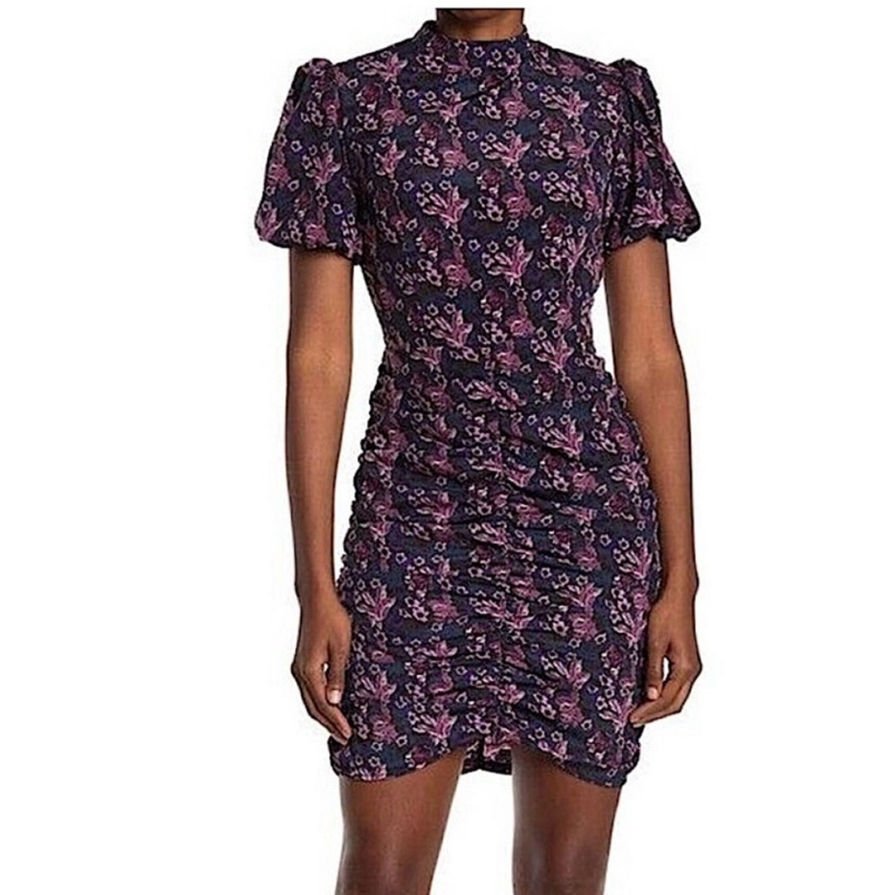 Melrose and market | EUC midi dress sz large | purple, ruched floral satin-feel